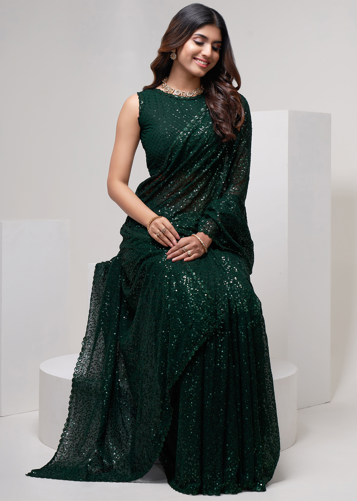 Emerald Green Sequins Embroidery Georgette Saree