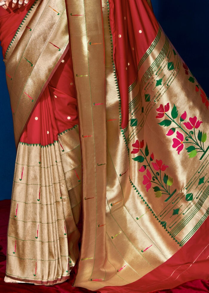 Flame Red Paithani Silk Saree