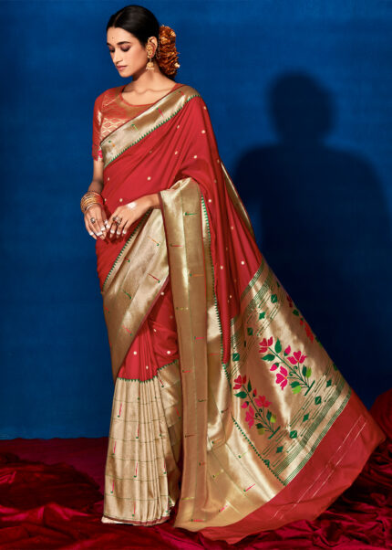 Flame Red Paithani Silk Saree