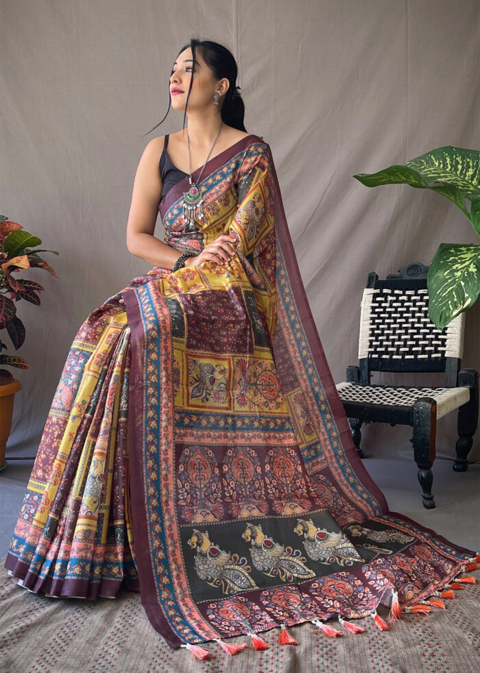 Flaxen Yellow Kalamkari Cotton Saree