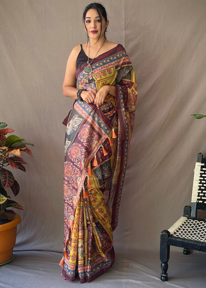 Flaxen Yellow Kalamkari Cotton Saree