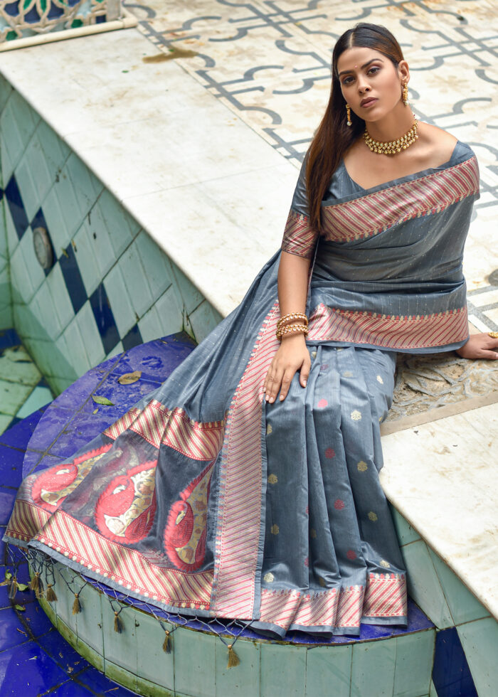 Gray Cotton Silk Banarasi Saree