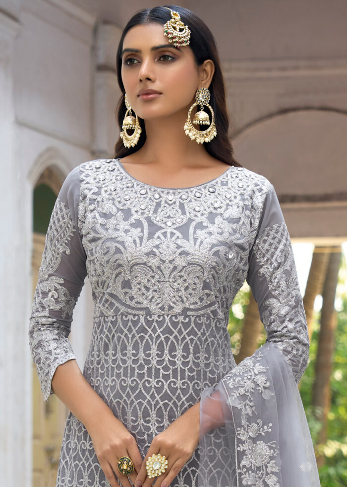 Gray Embroidered Georgette Suit