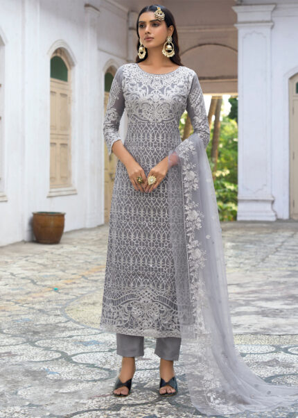 Gray Embroidered Georgette Suit