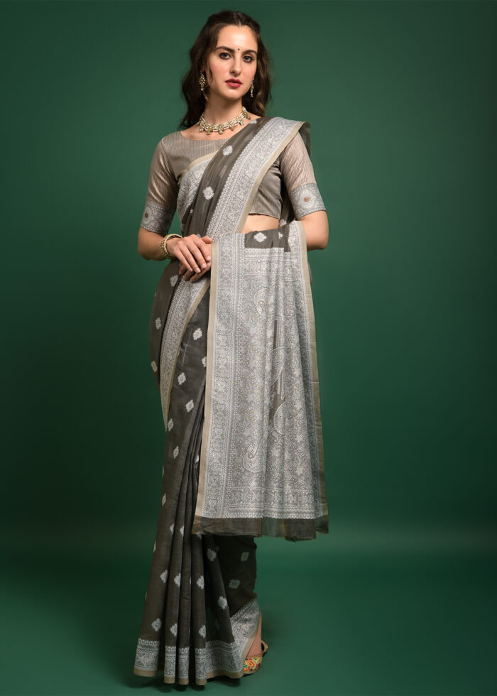 Gray Lucknowi Chikankari Chanderi Saree