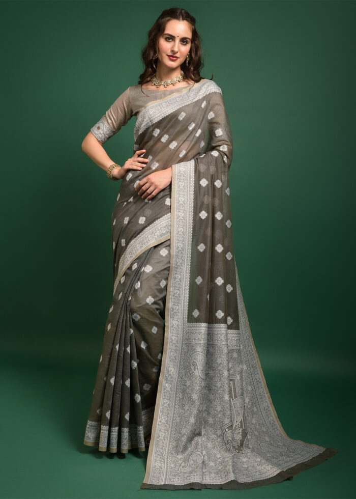 Gray Lucknowi Chikankari Chanderi Saree