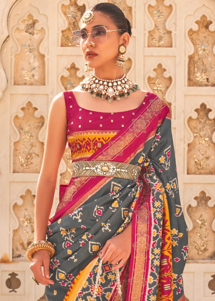 Gray & Rose Garnet Violet Patola Silk Saree