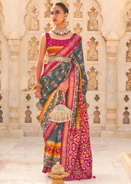 Gray & Rose Garnet Violet Patola Silk Saree