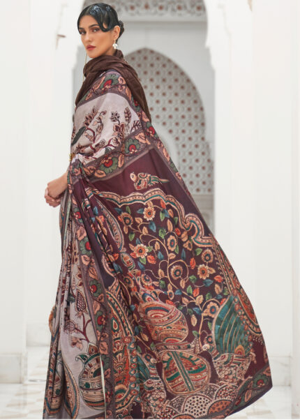 Gray Satin Kalamkari Saree