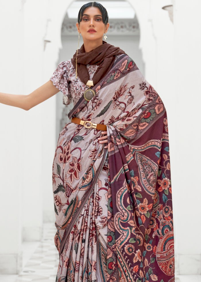 Gray Satin Kalamkari Saree