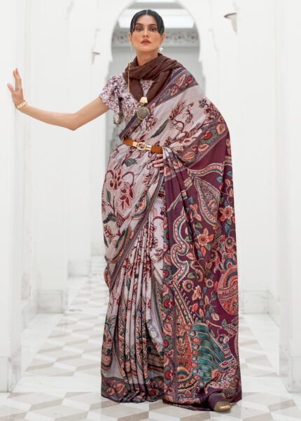 Gray Satin Kalamkari Saree