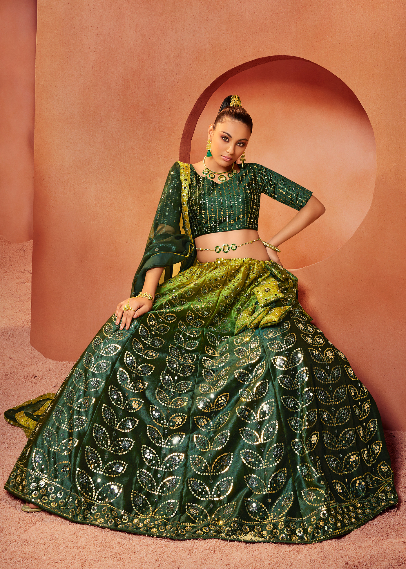 Green Velvet Lehenga with Mirror Work