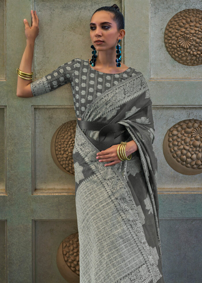 Iron Gray Lucknowi Chikankari Saree