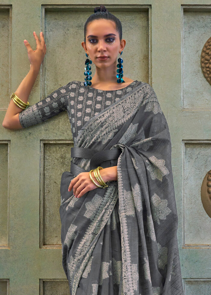 Iron Gray Lucknowi Chikankari Saree