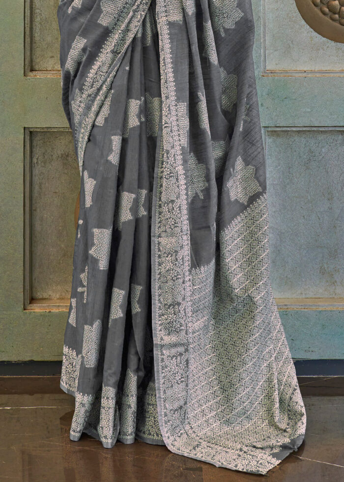 Iron Gray Lucknowi Chikankari Saree