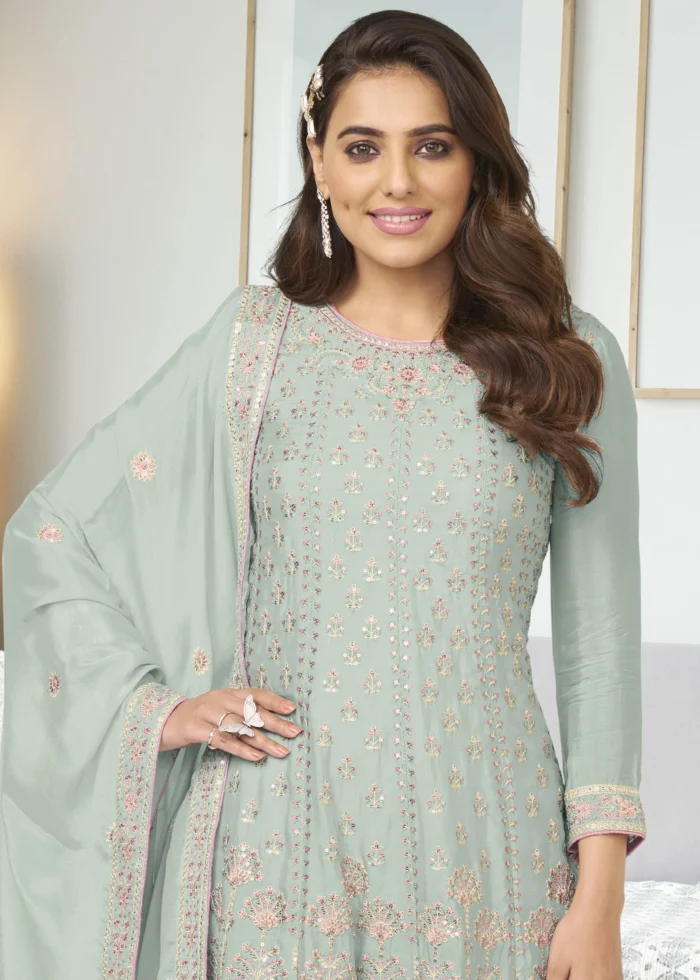 Light Blue Embroidery Palazzo Suit