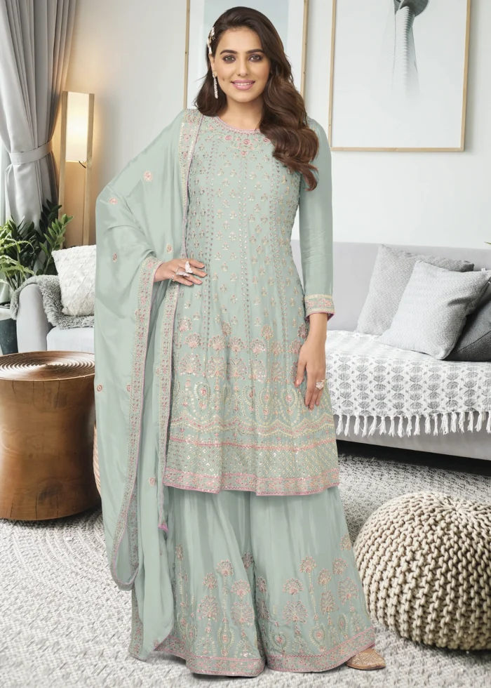 Light Blue Embroidery Palazzo Suit