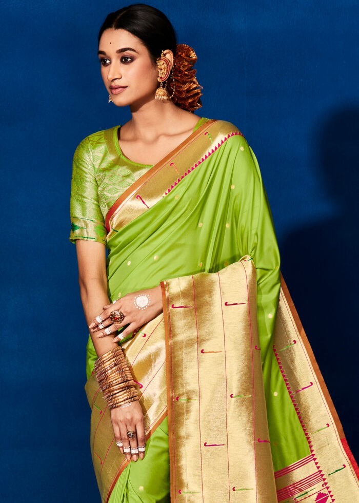 Lime Green Paithani Silk Saree