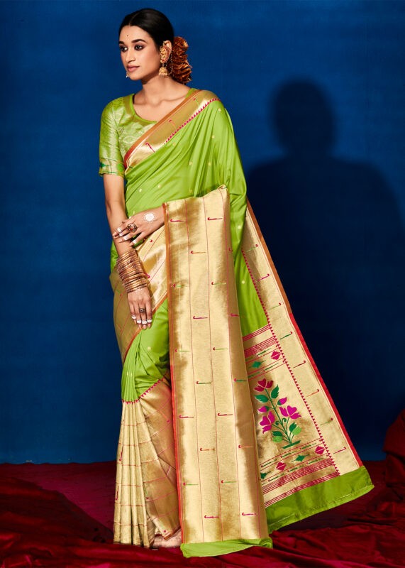 Lime Green Paithani Silk Saree