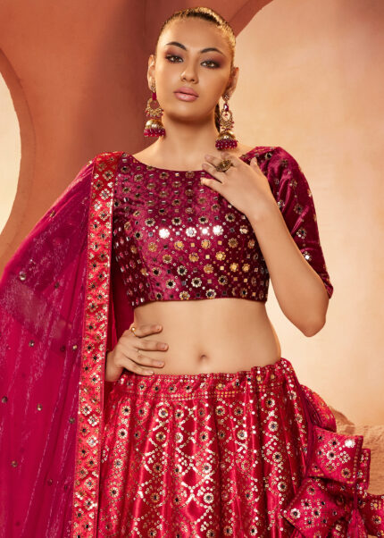 Magenta Velvet Lehenga Choli