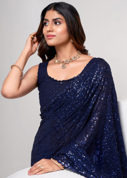 Midnight Blue Sequins Embroidery Georgette Saree