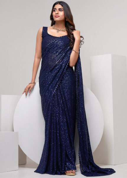 Midnight Blue Sequins Embroidery Georgette Saree