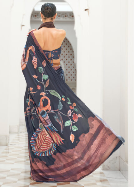 Moon Black Satin Kalamkari Saree