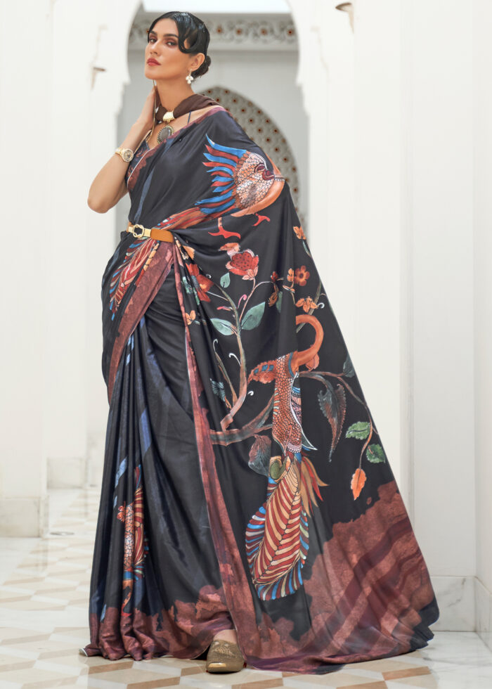 Moon Black Satin Kalamkari Saree