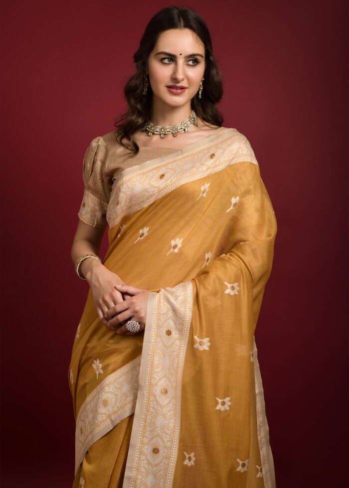 Mustard Yellow Chikankari Chanderi Saree