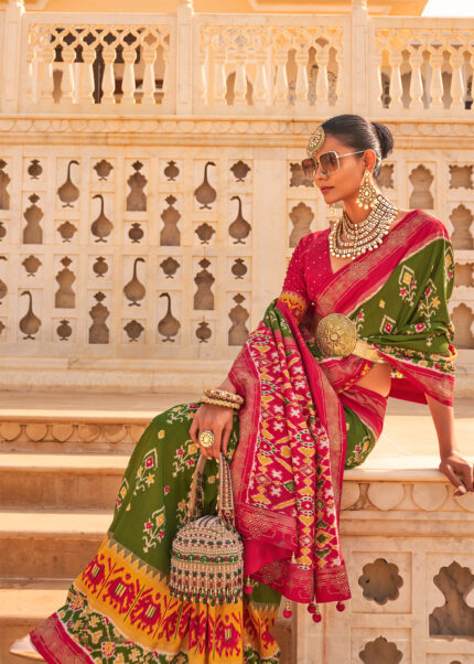 Olive Green & Crimson Patola Silk Saree