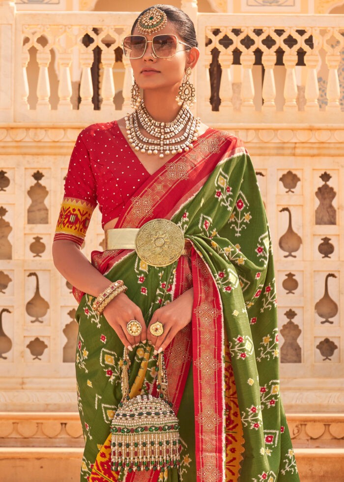 Olive Green & Crimson Patola Silk Saree