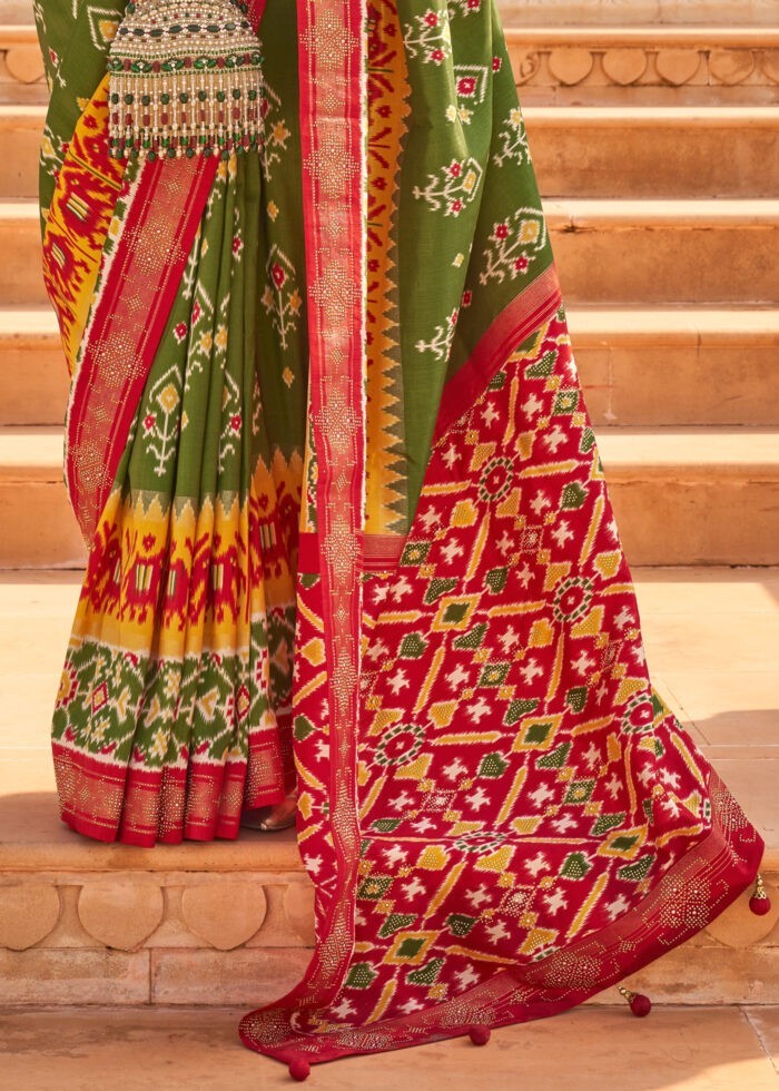 Olive Green & Crimson Patola Silk Saree