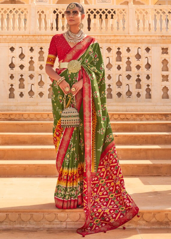 Olive Green & Crimson Patola Silk Saree