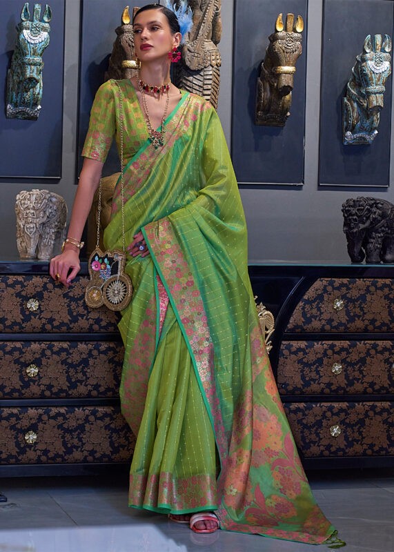 Palm Leaf Green Organza Silk Banarasi Saree