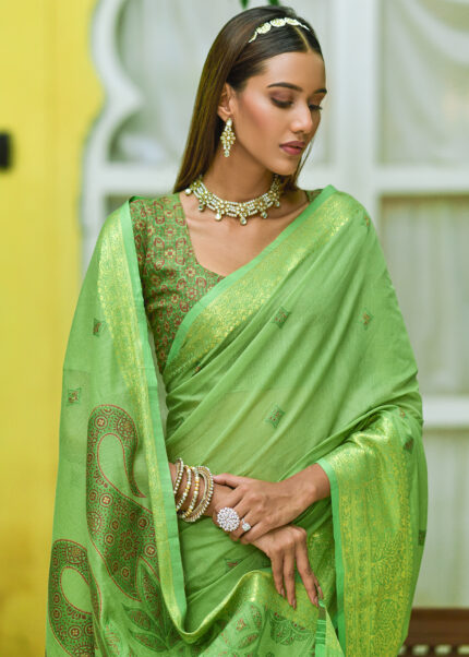 Parrot Green Cotton Silk Saree