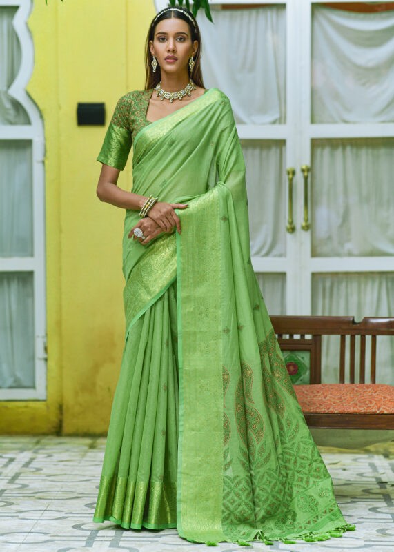 Parrot Green Cotton Silk Saree