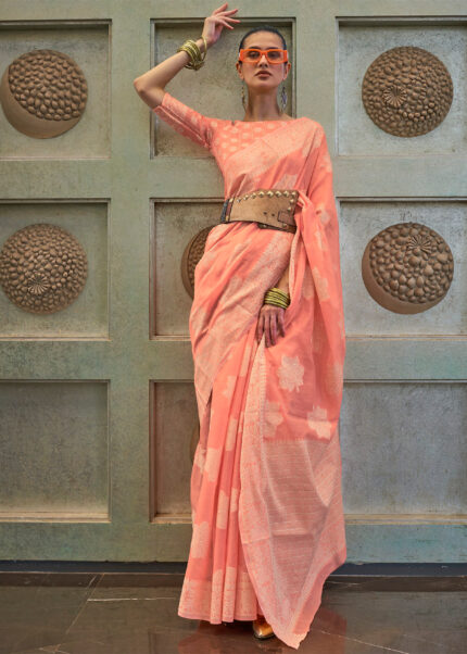 Peach Lucknowi Chikankari Saree