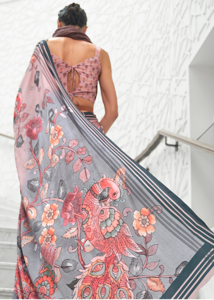 Peach Satin Crepe Kalamkari Saree