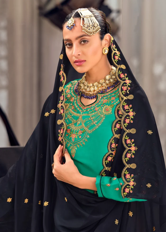 Persian Green & Midnight Blue Georgette Sharara Suit