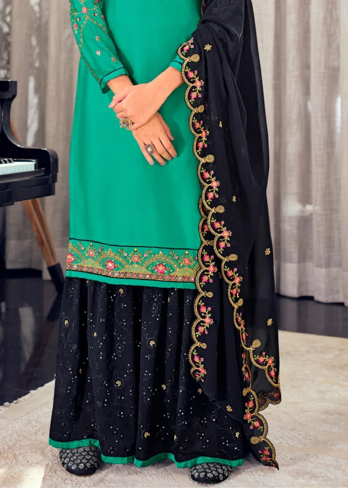 Persian Green & Midnight Blue Georgette Sharara Suit