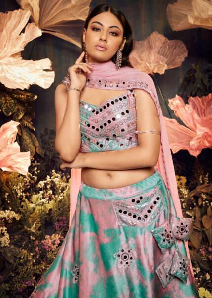 Pink & Turquoise Velvet Lehenga Choli