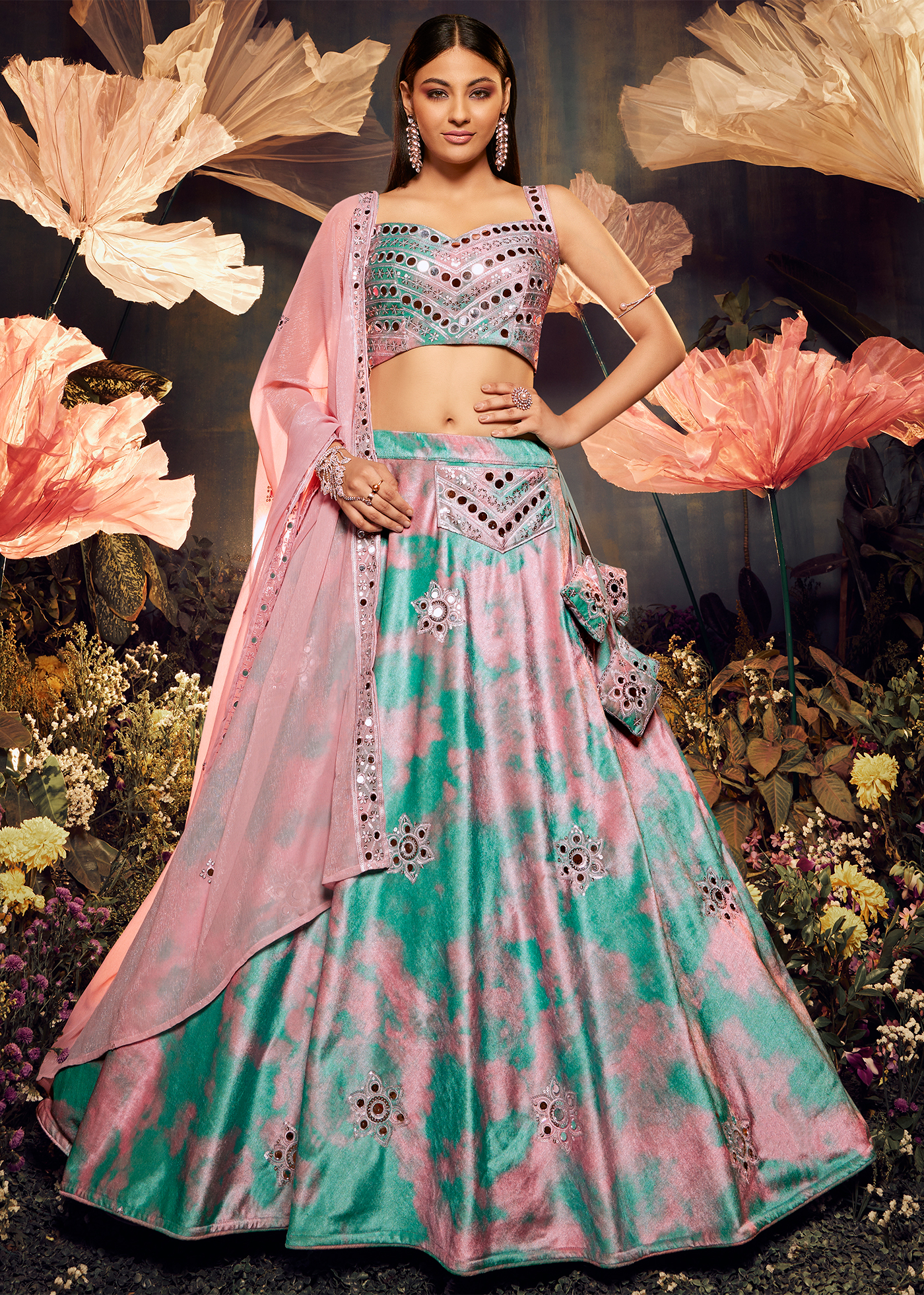 Pink & Turquoise Velvet Lehenga Choli