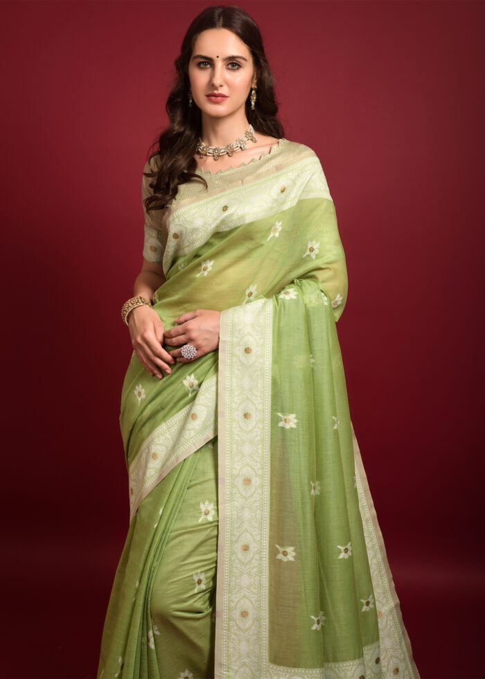 Pista Green Chikankari Chanderi Saree