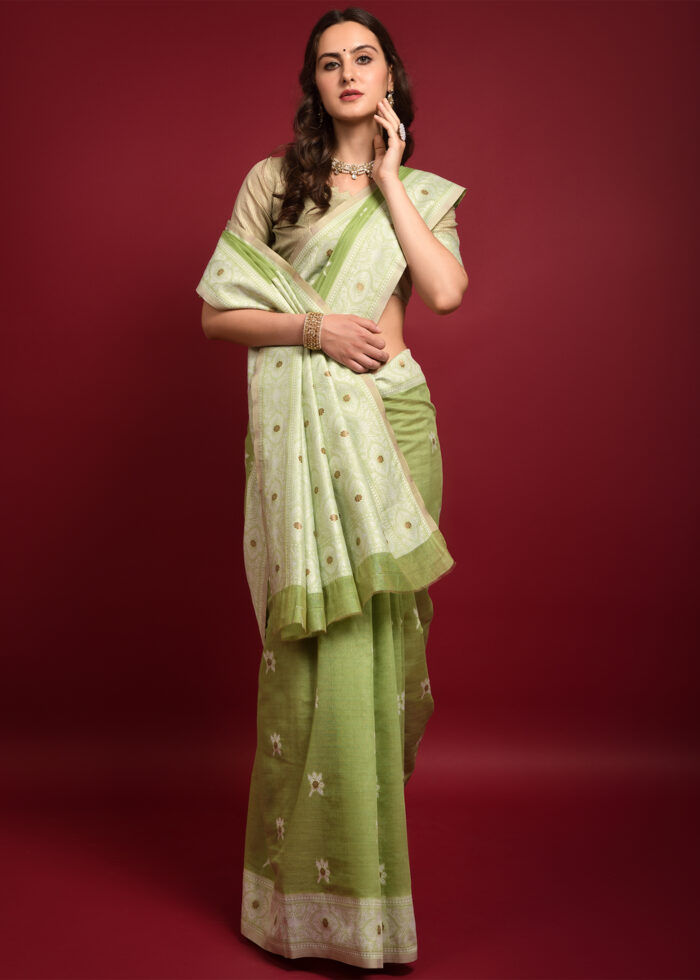 Pista Green Chikankari Chanderi Saree