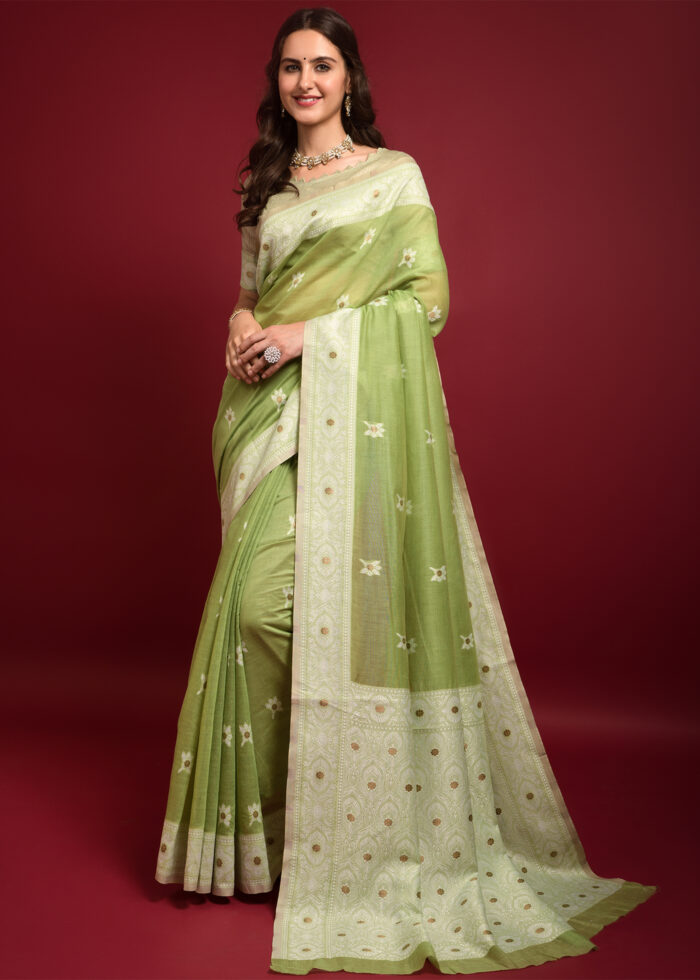 Pista Green Chikankari Chanderi Saree