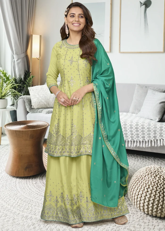 Pista Green Embroidery Palazzo Suit