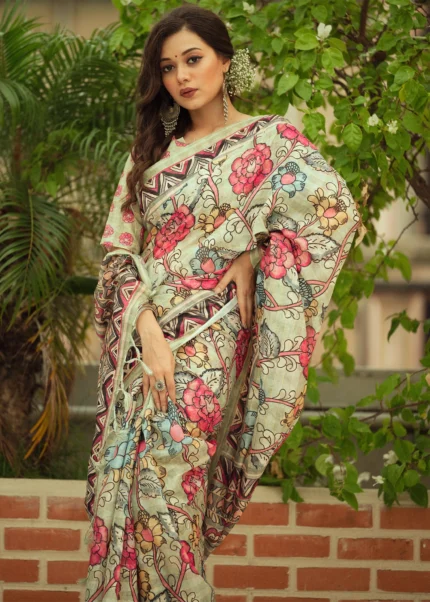 Pista Green Kalamkari Linen Saree