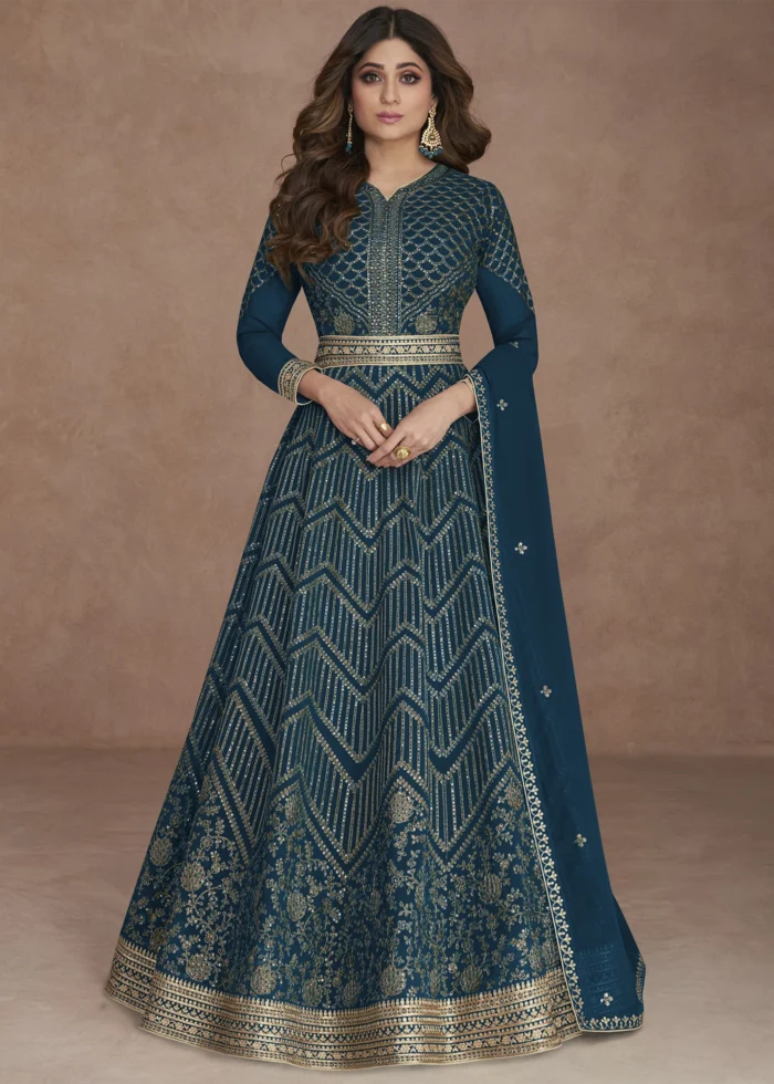 Prussian Blue Georgette Anarkali Gown