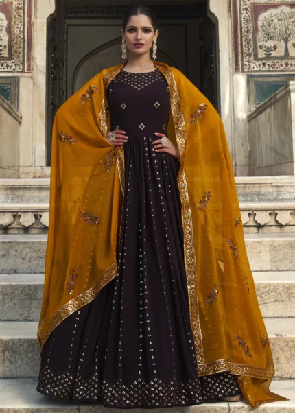 Purple Embroidered Georgette Anarkali Gown