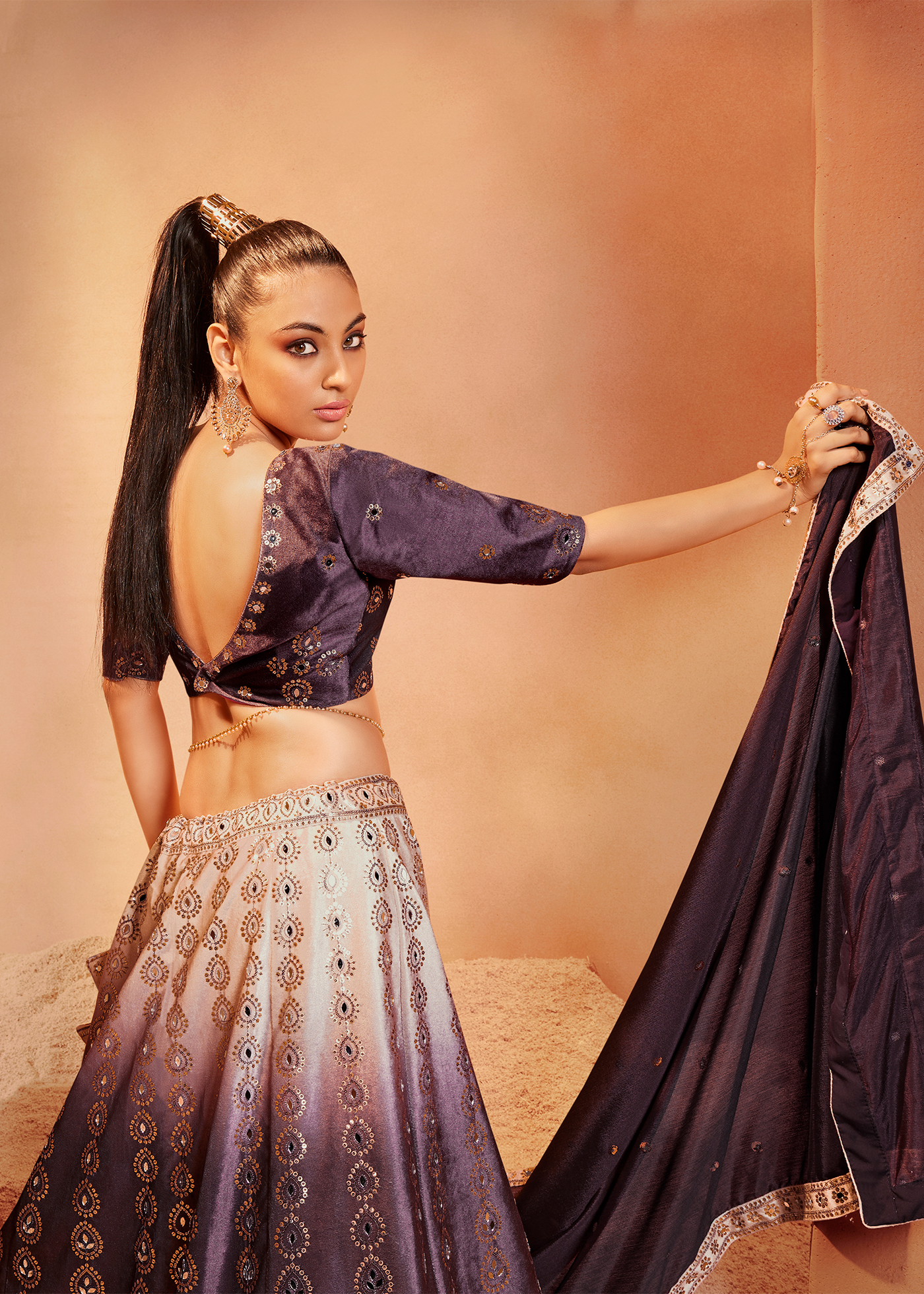 Purple Velvet Lehenga with Mirror Work